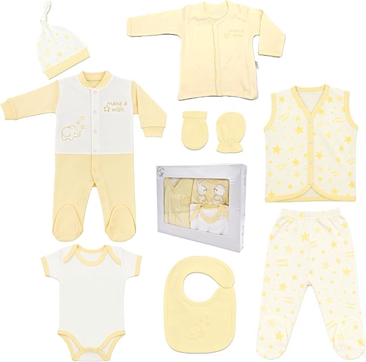 Blue Eyes Babycadeauset voor pasgeborenen, 100% natuurlijk katoen, eerste uitrusting, uniseks, kleding voor baby's van 0-4 maanden, 8-delig, stergeel.