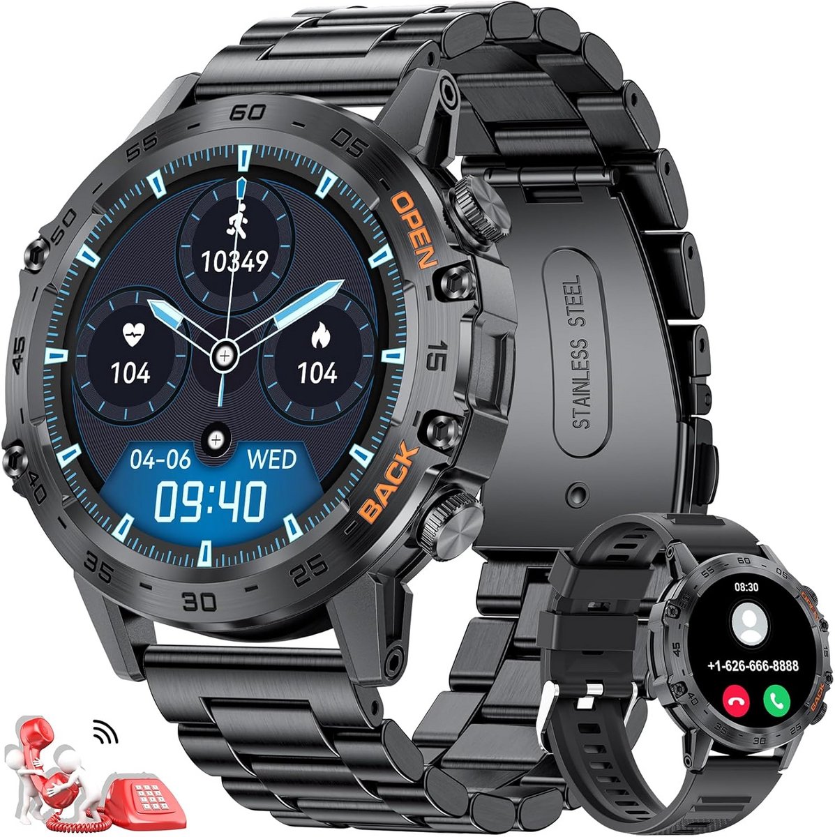 Smartwatch voor Heren met Telefoonfunctie, 1,39 Inch, Outdoor Militaire Smartwatch met Hartslagmonitor, Slaapmonitor, SpO2 en 100+ Sportmodi