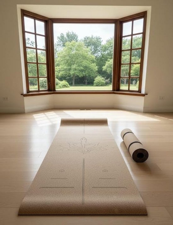 yogamat -Kurk Yogamat LOTUSBLOEM -Antislip –Milieuvriendelijk met TPE-Onderlaag –183×61,5×0,5 cm –Voor Yoga, Pilates, Spirituele Momenten, Ontspanning en Fitness–Inclusief Gratis Draagriem–Lichtgewicht, Duurzaam en met Gerecyclede Verpakking/lotusblo