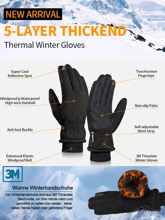 Zwarte 5-laagse thermische winterhandschoenen met touch screen vingertoppen, antislip palm en polssluiting.