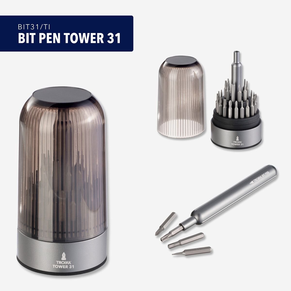 TROIKA "BIT PEN TOWER 31 / Troika Bit Pen gereedschapset met 30 precisiebits en een magnetische bithouder. Alle bits kunnen eenvoudig in de basis worden opgeborgen. Geschikt voor huishoudelijke reparaties etc