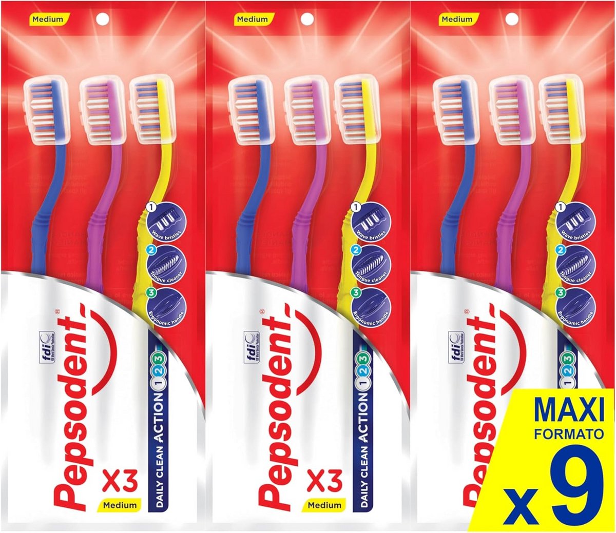 Tandenborstel Triple Clean Big Pack - 9 stuks, medium hardheidsgraad