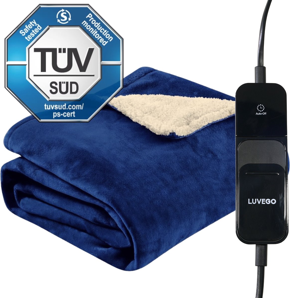 Luvego Elektrische Warmte Bovendeken met Fleece/Sherpa l Plaid 180x130 CM l 3.5 Meter Kabel l 160W l Donker Blauw