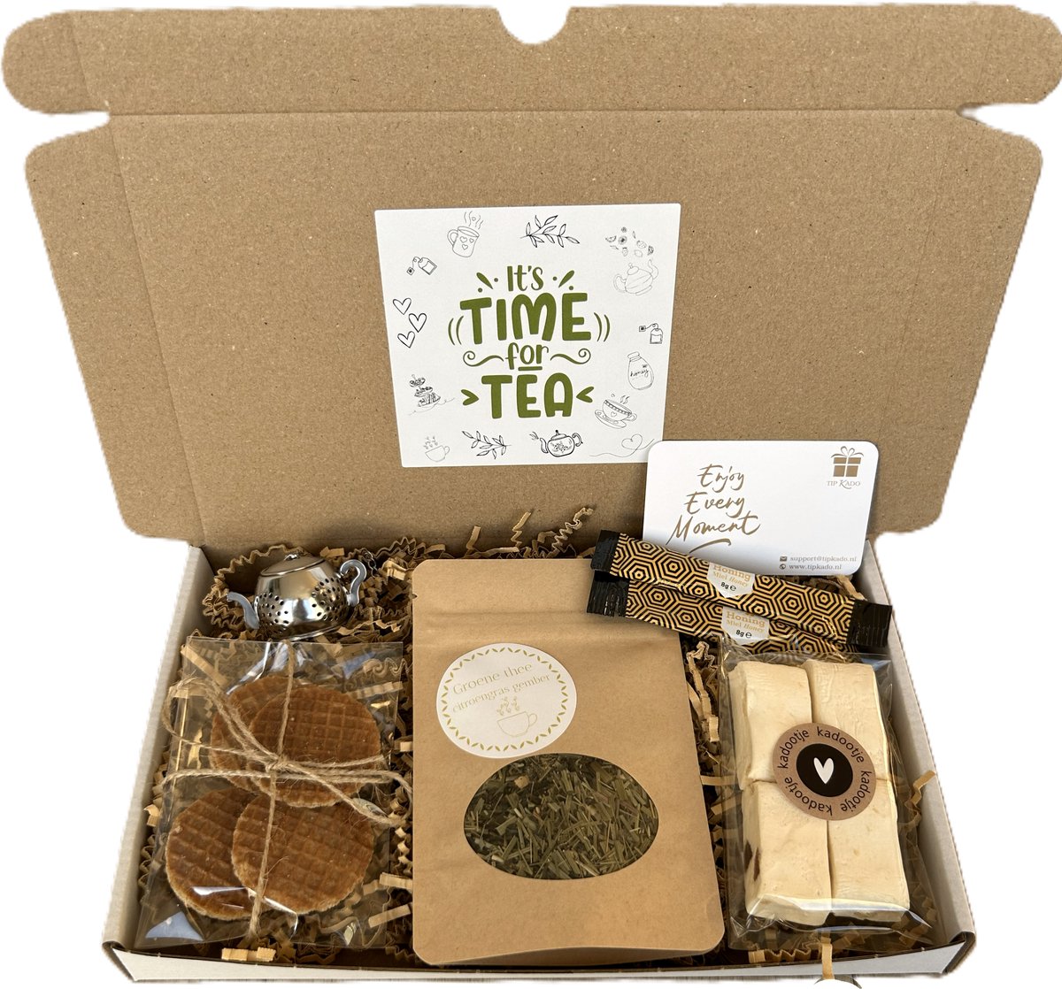 Thee brievenbus cadeau Groene thee Citroengras Gember - thee - honing - noga - stroopwafels