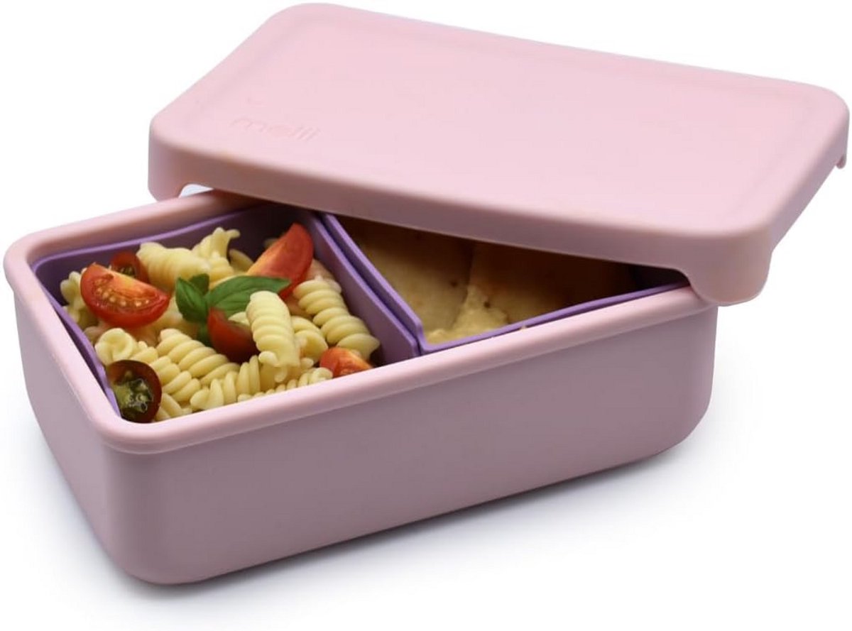 Bento box met 2 compartimenten van silicone, vaatwasmachinebestendig, BPA-vrij, roze en paars