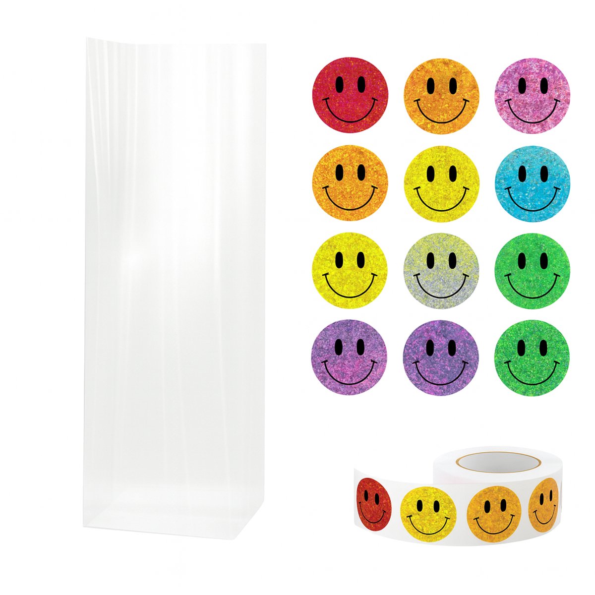25x Uitdeelzakjes met Smileys | Blokbodem | 60 x 50 x 200 mm | Traktatiezakjes | Kinderfeestje | Cellofaanzakjes | Cadeauzakjes | Snoepzakjes | Plastic Zakjes | Uitdeelzakjes kinderen | Cadeauzakjes Kinderen | Verpakkingszakjes Uitdeelcadeaus |