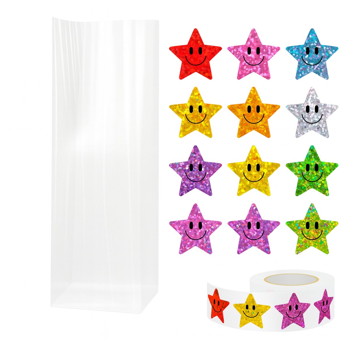 25x Uitdeelzakjes met Smileys ster | Blokbodem | 60 x 50 x 200 mm | Traktatiezakjes | Kinderfeestje | Cellofaanzakjes | Cadeauzakjes | Snoepzakjes | Plastic Zakjes | Uitdeelzakjes kinderen | Cadeauzakjes Kinderen | Verpakkingszakjes Uitdeelcadeaus |