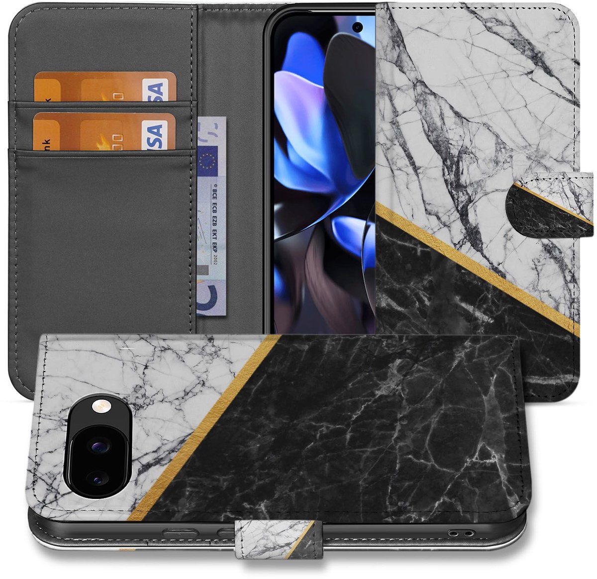 Marble White Black Print Google Pixel 9a Book Case Portemonnee Hoesje Met Drie Pasjes