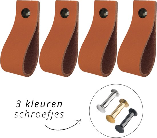 Poignées / Boucle en cuir - 4 pièces - COGNAC - taille XS (12,6 x 2,5 cm) - avec 3 vis de couleur