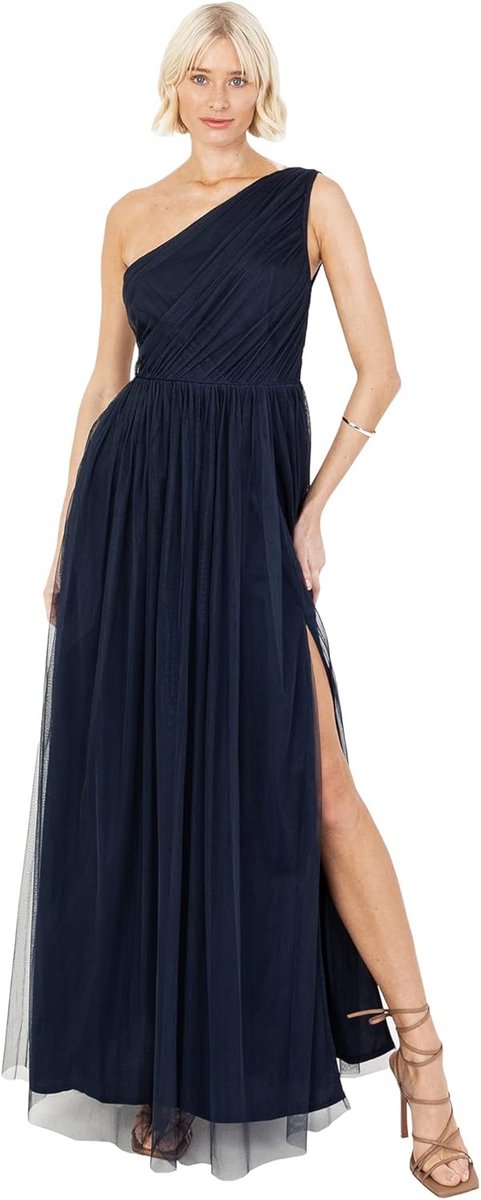Maxi-jurk met blote schouders en split voor gala's en bruiloften, mouwloos, donkerblauw – Maat 46
