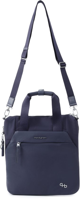 Donkerblauwe Hedgren verticale totebag met logo, hengsels en schouderband.