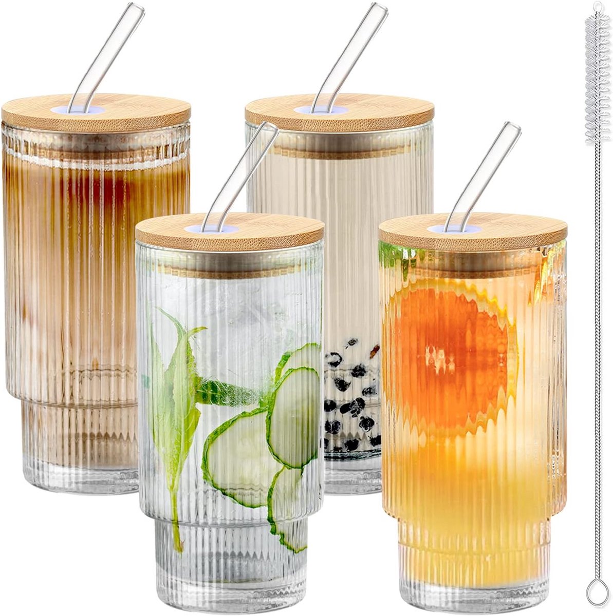 Glazen beker met bamboe deksel en rietje voor ijskoffie - 360 ml - Set van 4