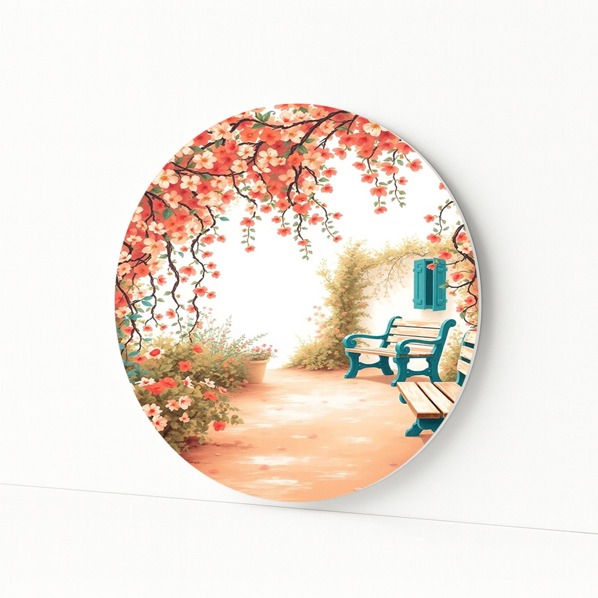 Tuinbank onder bloesem - Wandschaal - Forex muurcirkel - 80x80 cm