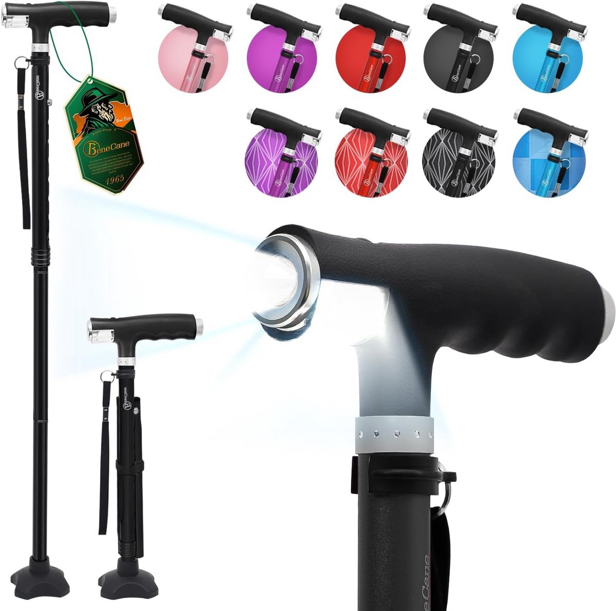Opvouwbare Wandelstok met Twee LED-verlichting en Verstelbare Hoogte – Lichtgewicht en Stabiele Basis