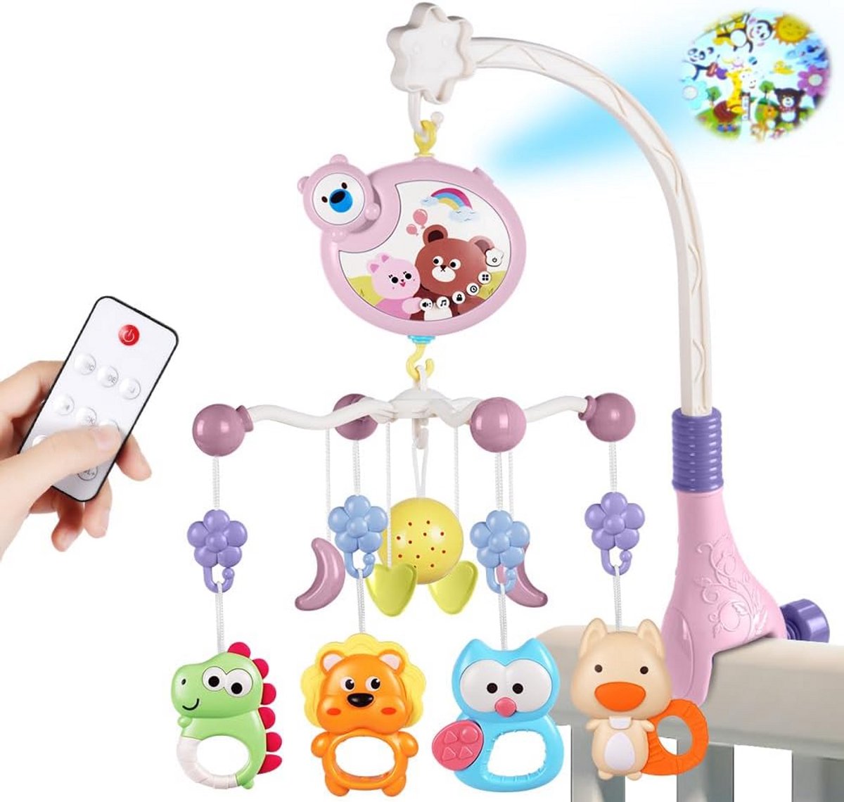 Mobiele bedbel met muziek en lichtprojectie voor baby - roze