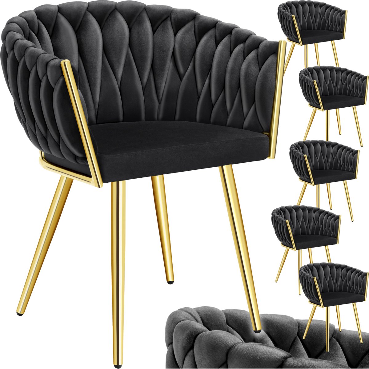 Tectake Set van 6 Fluwelen eetkamerstoelen - Kuipstoel met armleuning in knooplook - Eetkamerstoel - Moderne eetkamerstoel voor woonkamer en eetkamer - Keukenstoel - Kaptafelstoel - Slaapkamerstoel - Diverse kleuren - Zwart/Goud
