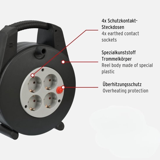 Brennenstuhl Vario Line Elektrische haspel 4 keer/mini-verlengkabel ( kabelhaspel voor binnen voor het huishouden, 10 m kabel, Made in Germany) zwart