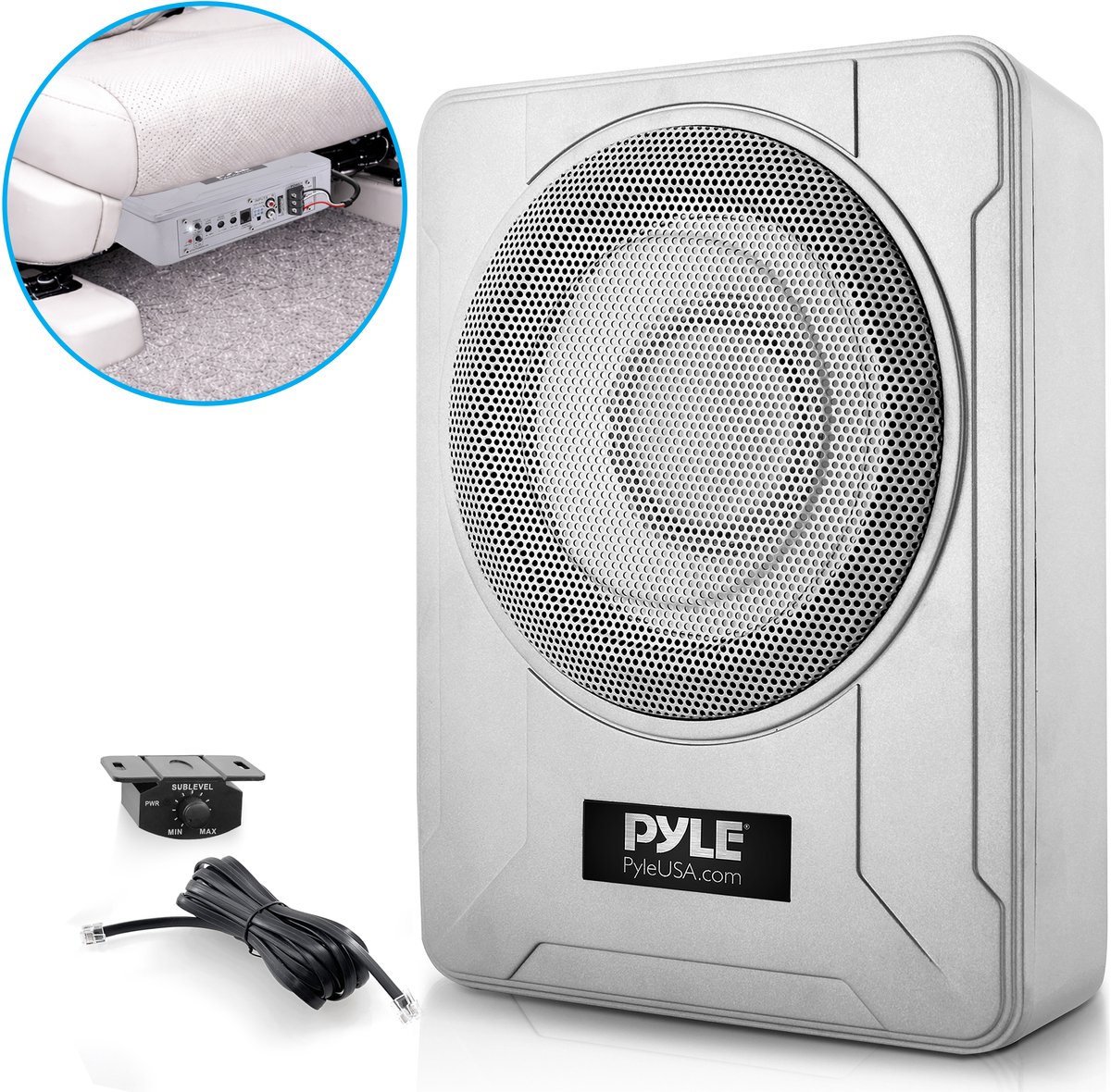 Pyle Subwoofersysteem – Subwoofer met Ingebouwde Versterker -600 Watt- Compact Actief Marine Onderzit - Aangedreven Auto Subwoofer met Lage en Hoge Niveau Invoeren – Zilver