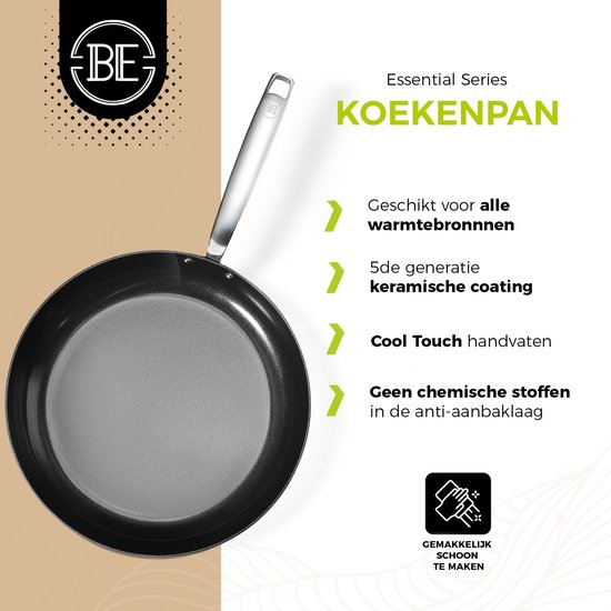 Zilverkleurige koekenpan met RVS steel. Essential Series. Keramische coating, cool touch handvat, vrij van chemicaliën.