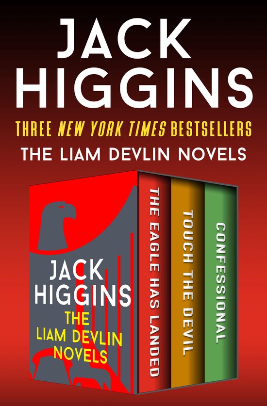 Boekenboxset The Liam Devlin Novels van Jack Higgins met drie thrillers met rode, gele en groene ruggen.