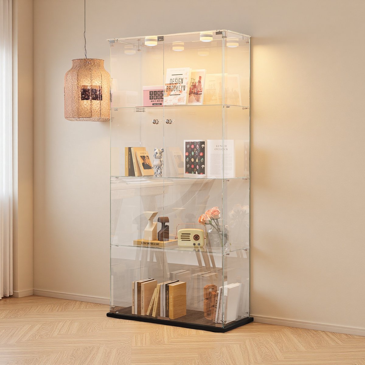 Zwarte 4-Lagen Glazen Vitrinekast 163x35x78,5 cm met Dubbele Deuren en LED Verlichting – Moderne Displaykast