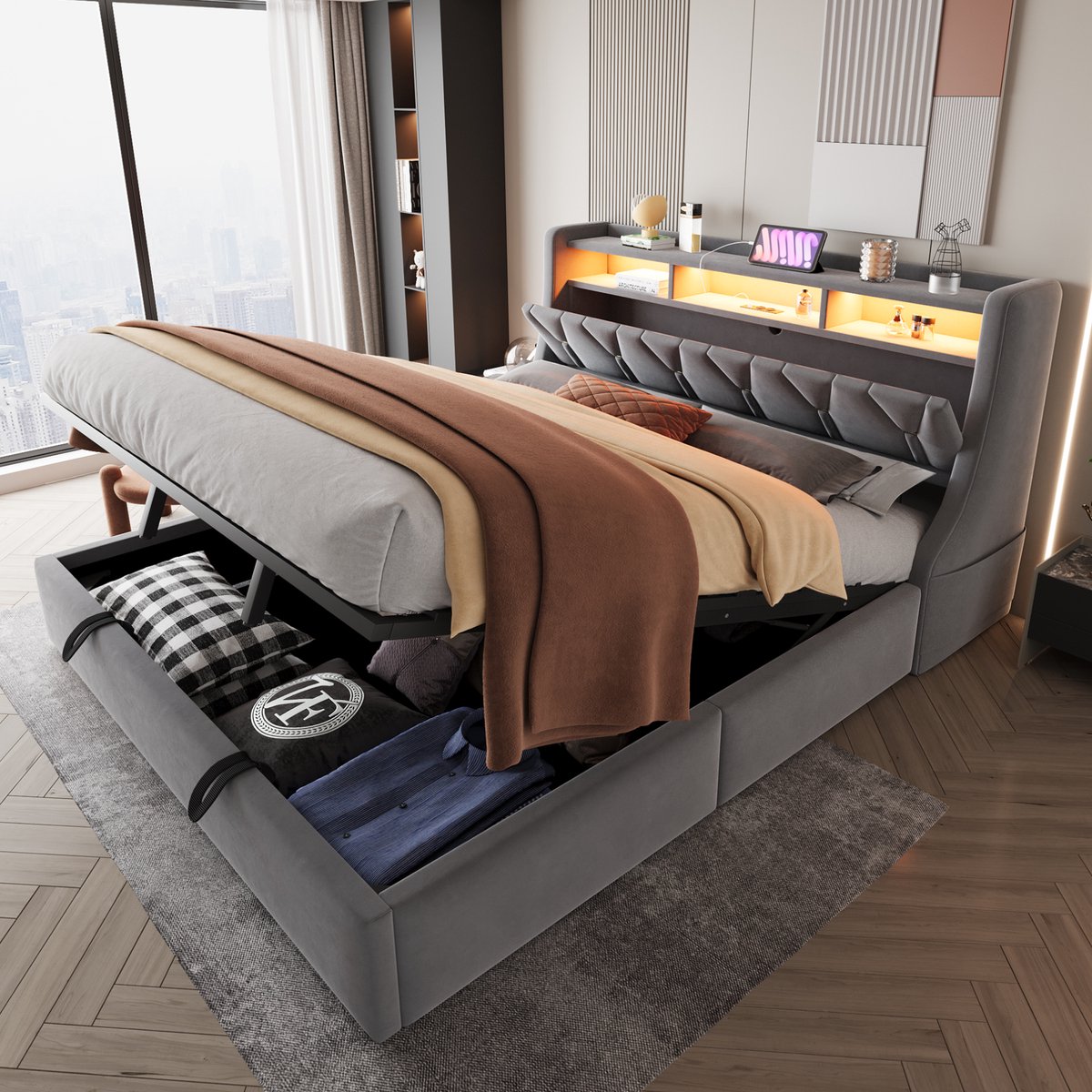 OKWISH Gestoffeerd Bed 180x200 cm - Hydraulisch Opbergruimte met LED - Omklapbaar Hoofdeinde met Stopcontact, USB en Type-C - Grijs - Zonder matras