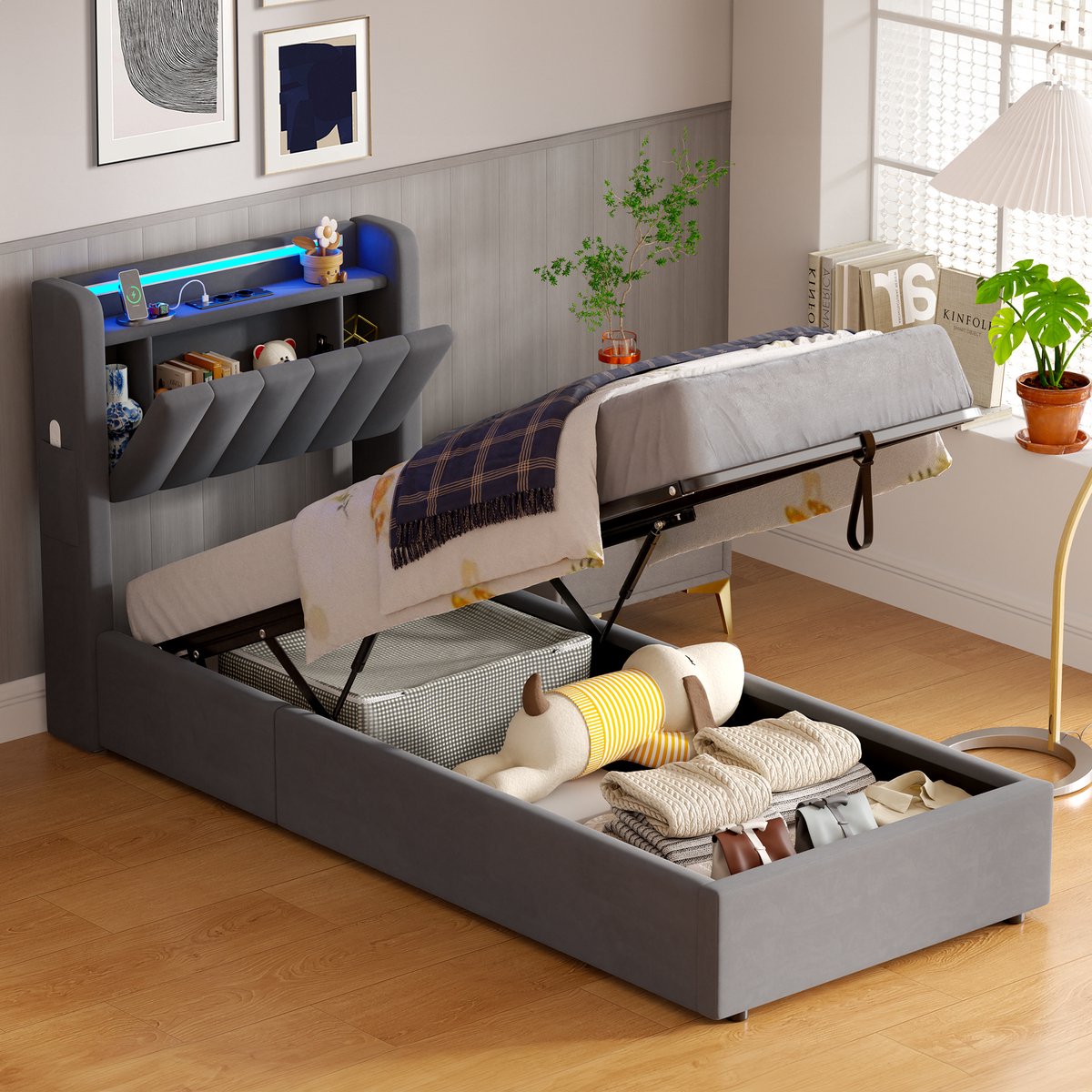 REDOM Bedframe 90x190 cm – LED & USB Type-C – Opbergruimte hoofdbord – Houten frame – Donkergrijs