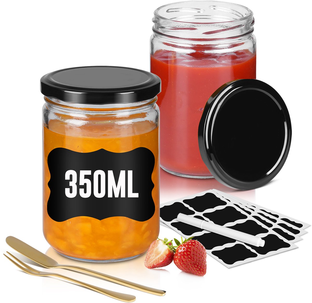 Aufun 12-delig Marmelade Potten Set - 350ml Zwart - Met Schroefdeksels - Incl. Labels & Pen Voor Huisgemaakte Jam & Cadeaus