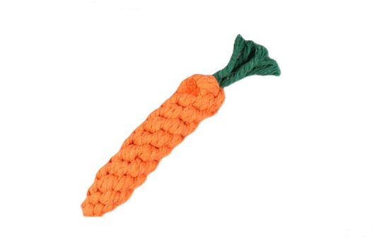 Oranje wortel touw speelgoed met groene uiteinden, geïsoleerd op witte achtergrond.