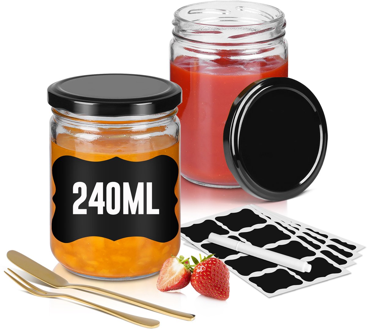 Aufun 12-delig Marmelade Potten Set - 240ml Zwart - Met Schroefdeksels - Incl. Labels & Pen Voor Huisgemaakte Jam & Cadeaus