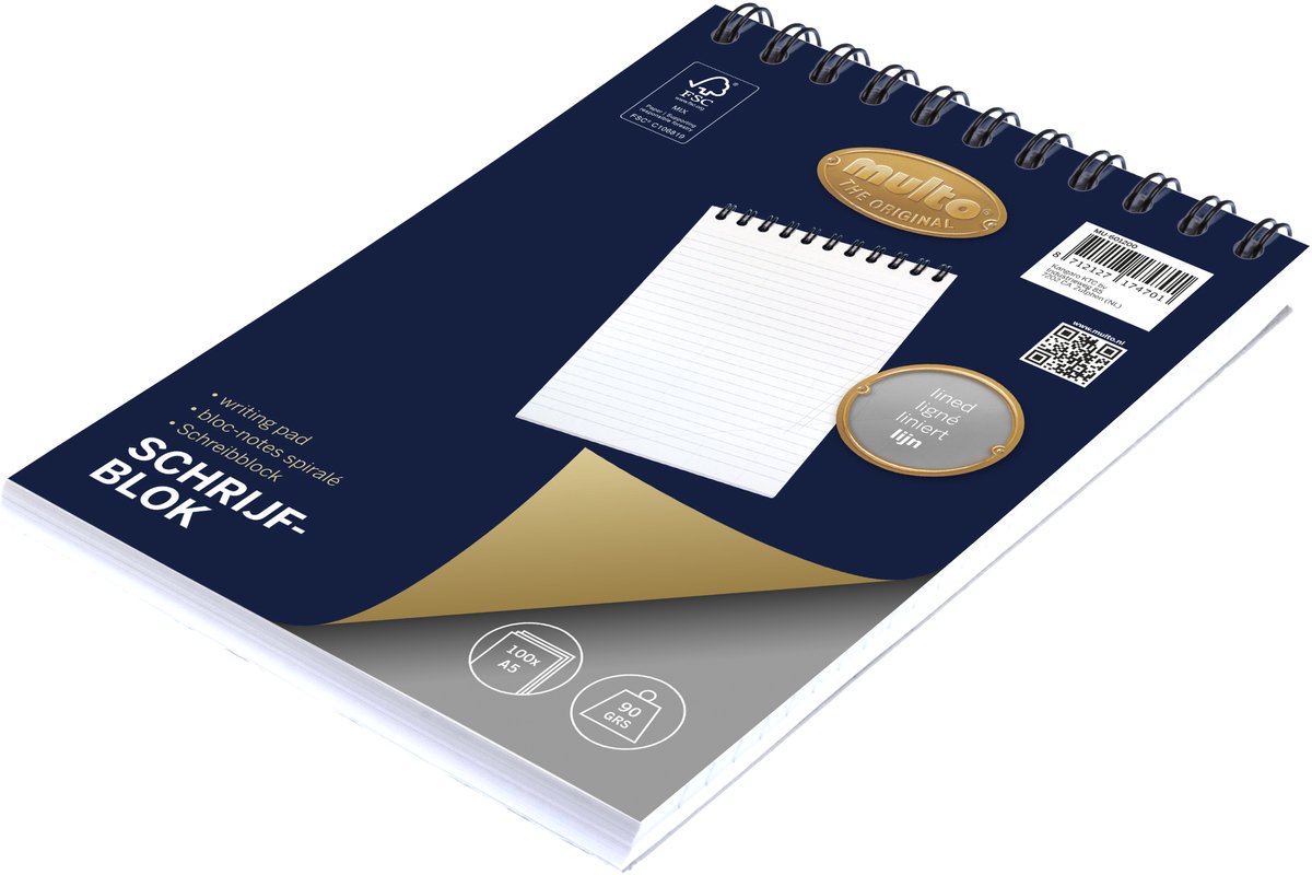 Multo - Schrijfblok- A5 - gelijnd - 90 grams papier - 200 pagina's
