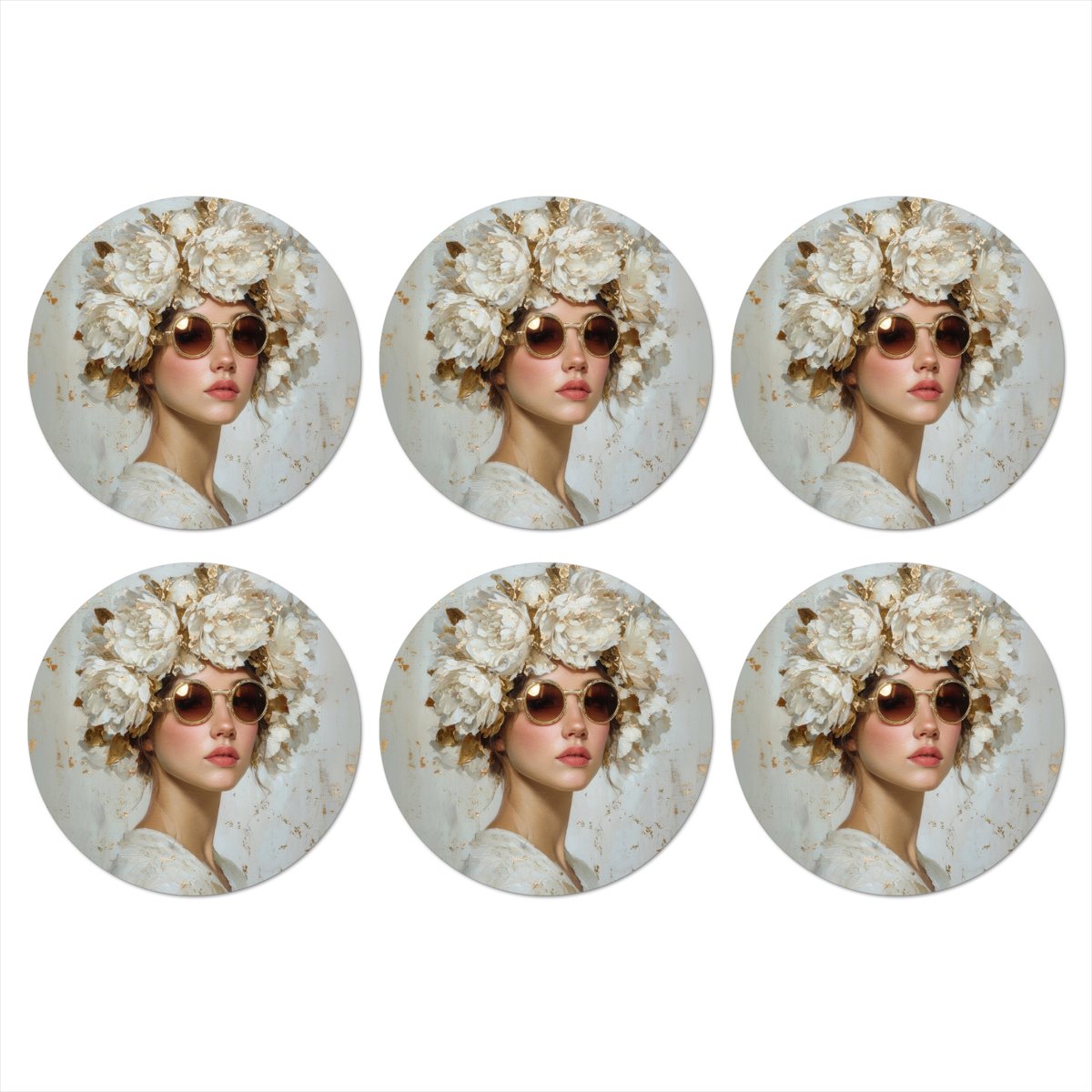 Onderzetters voor glazen - Rond - Schilderij - Vrouw - Zonnebril - Bloemenkrans - 10x10 cm - Glasonderzetters - 6 stuks