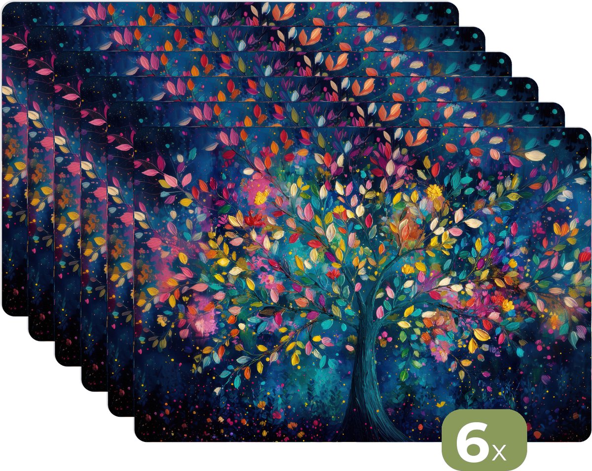 Placemats - 6 stuks - 45x30 cm - Placemat kunststof - Kleurrijk - Boom - Magisch - Abstract - Borden onderleggers - Decoratie voor op tafel - Keuken tafeldecoratie accessoires - Vinyl onderlegger - Tafelversiering