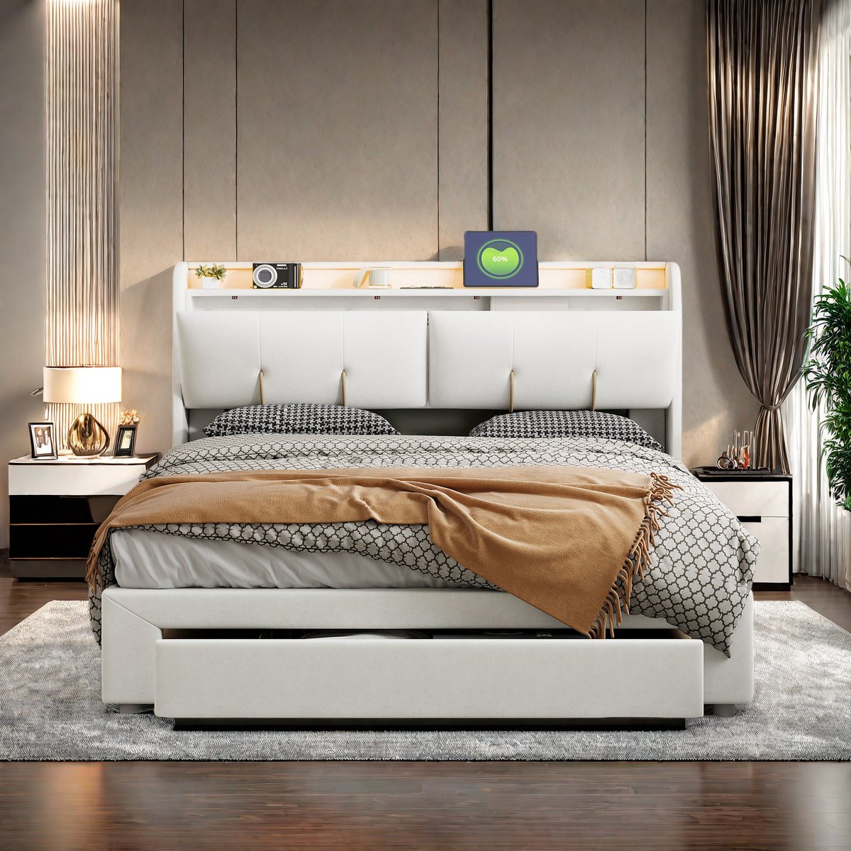 Hydraulisch Tweepersoons Opbergbed 140x200 cm Beige Fluweel met LED en USB Oplaadpoort