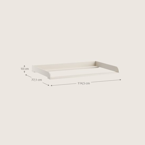 Crème commodeblad met afmetingen 114,5 cm lang, 77,1 cm diep en 10 cm hoog.