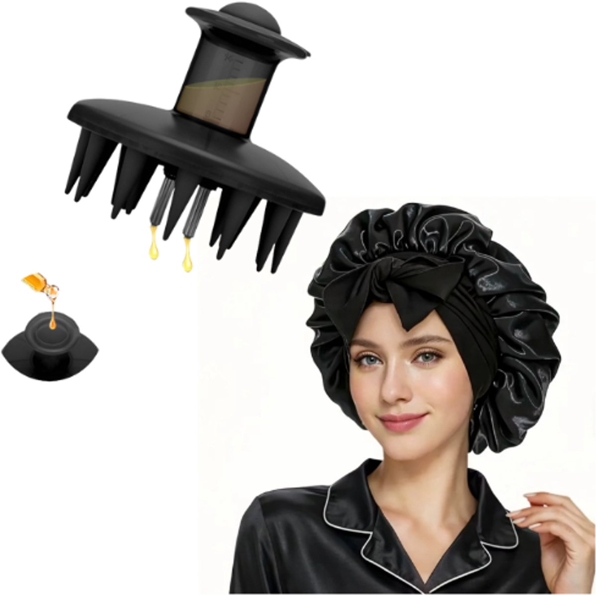 SAHLA - Satijnen Slaapmuts Dubbelzijdig Zwart & Rood – Behoudt Krullen & Beschermt Haar – Lekvrij bij Haarolie – Bonnet - Inclusief Hoofdmassageborstel Olie Applicator – Unisex