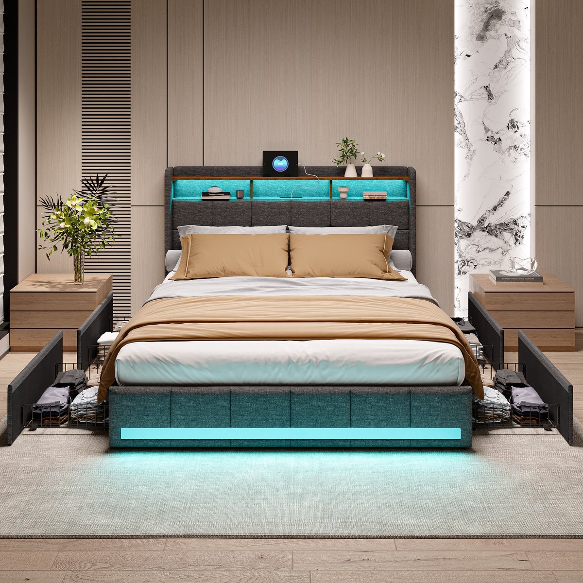 160 × 200 cm Linnen Bedframe met LED Verlichting en Opbergruimte – Hoofdbord met Open Vakken, USB & Type-C – Bed met Lades – Grijs
