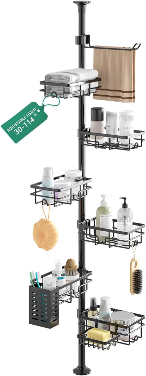 Goodivery® - Telescopisch Doucherek - Met 6-Delige Douchemand - 77-284 CM Telescopische Plank Voor Douche En Badkuip - Badkamerorganizer Met Handdoekstang - Zeepbakje - Tandenborstelhouder