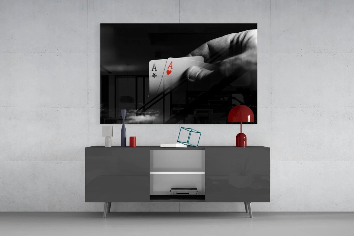 Insigne Art Glasschilderij – Pokerkaarten – Zwart Wit – Aas – Moderne Wanddecoratie – 90x60 cm