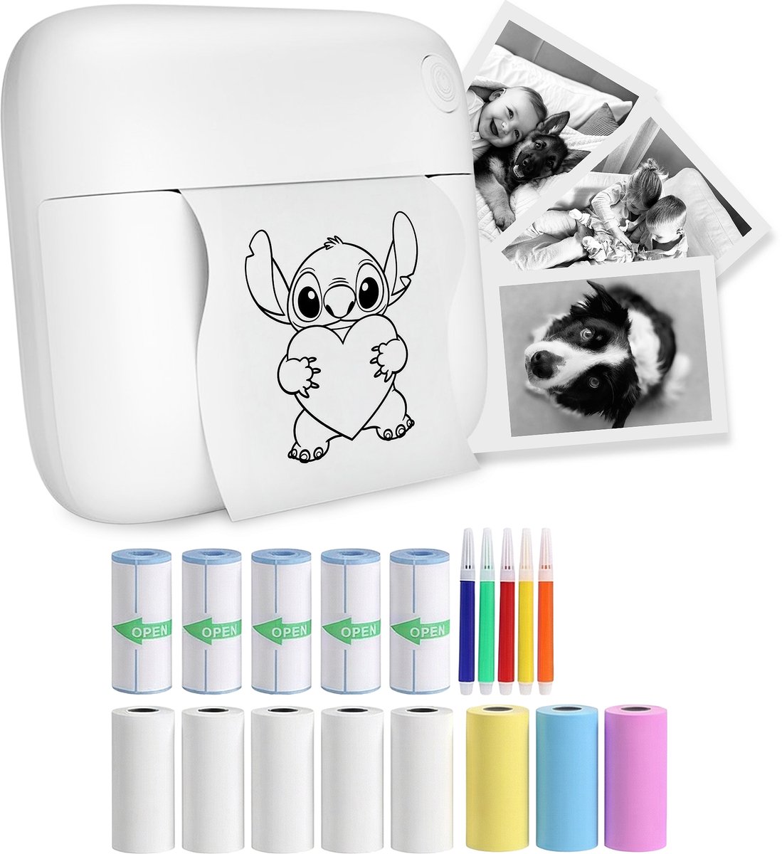 Gatson - Mini Printer - Mini Printer voor Mobiel - Pocket Printer - Mobiele Fotoprinter - Inclusief 14 Rollen Papier (Sticker Normaal & Kleur) + 5 pennen