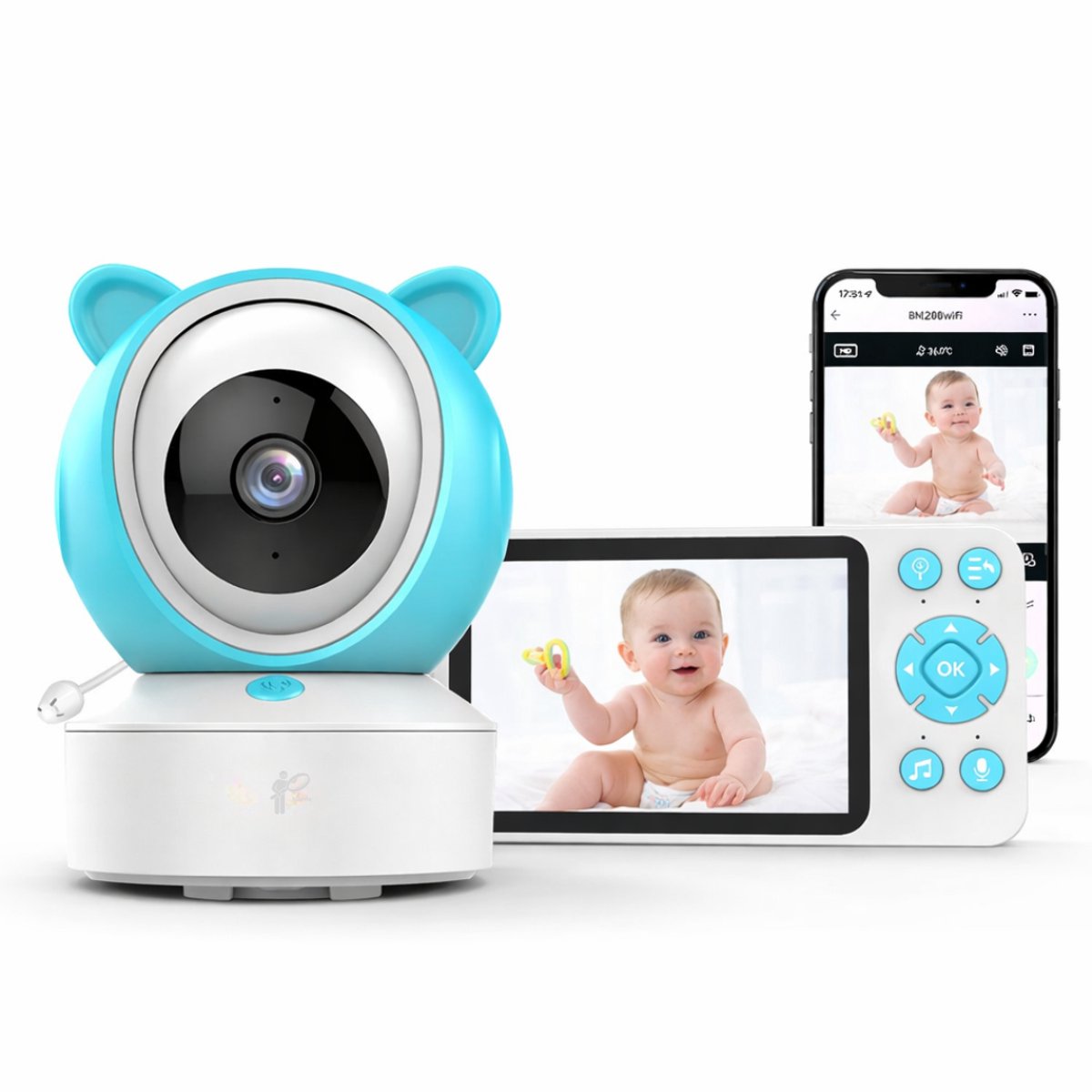 Narvie Babyfoon met Camera & Scherm 5 inch – Dual Mode WiFi + 900MHz – 1080P HD – No-Glow Nachtzicht – 2-Weg Audio – Temperatuur & Huilalarm
