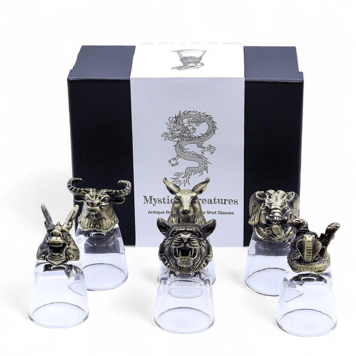 Shotglazen 50ml - Set 6 stuks in geschenkdoos - Mystical Creatures Series - Handgemaakt Glas - Messing Sculpturen - Luxe Geschenkdoos