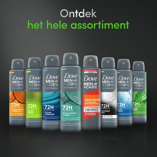 Assortiment Dove Men+Care deodorantsprays: Sandalwood, Sport Fresh, Clean Comfort, Eucalyptus, Odor Defense, Invisible Dry, Cool Fresh, Extra Fresh.