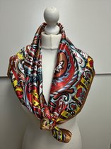 Vierkante dames sjaal Peggy-gebloemd motief-caramel bruin wit rood geel zwart bordeauxrood paars blauw-90x90