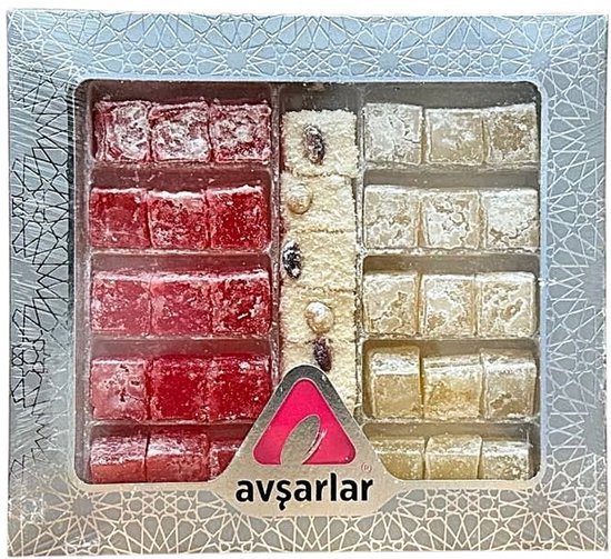 Avsarlar Turks fruit: roze met poedersuiker, naturel met noten en hazelnoten, met een logo.