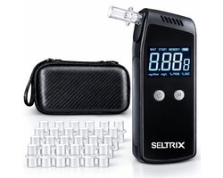 Seltrix® Digitale alcoholtester - 0.01% BAC nauwkeurigheid - Blaastest 2026 model - Inc. 10 extra mondstukken en opberghoes - Alcoholmeter - Broekzak formaat - Geschikt voor o.a. Nederland, Frankrijk en België - Oplaadbaar - 1000 mAh