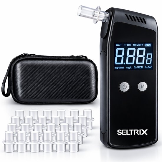 Seltrix® Digitale alcoholtester - 0.01% BAC nauwkeurigheid - Blaastest 2026 model - Inc. 25 extra mondstukken en opberghoes - Alcoholmeter - Broekzak formaat - Geschikt voor o.a. Nederland, Frankrijk en België - Oplaadbaar - 1000 mAh