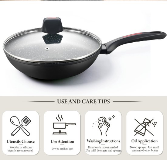 Wok gris moucheté avec couvercle, illustré avec des conseils d'utilisation tels que 'Utensils Choose' et 'Oil Application'.