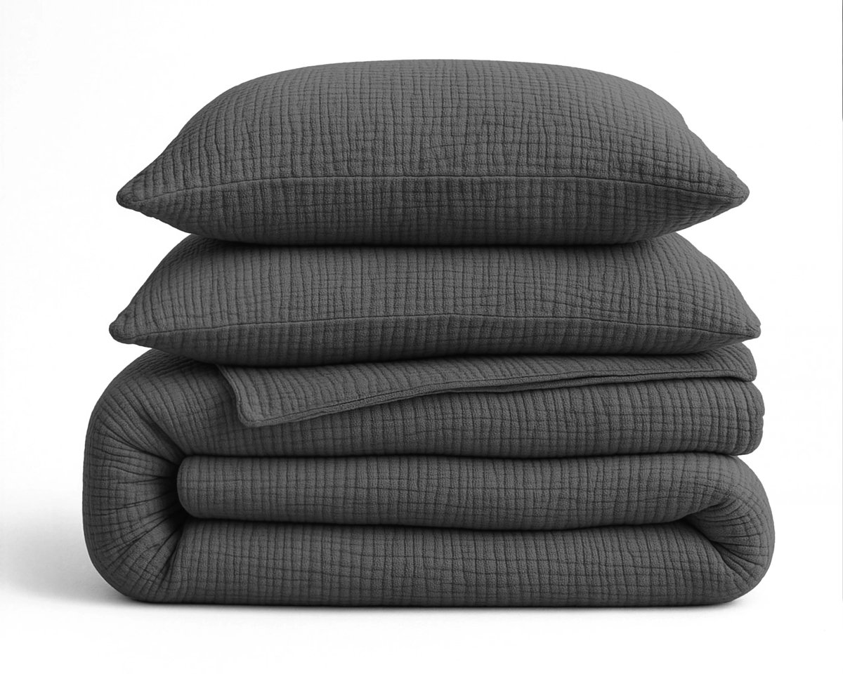 Aurello dekbed zonder overtrek Mousseline 240x200 cm met kussenslopen - Lazy dekbed - 100% Mousseline katoen - Antraciet
