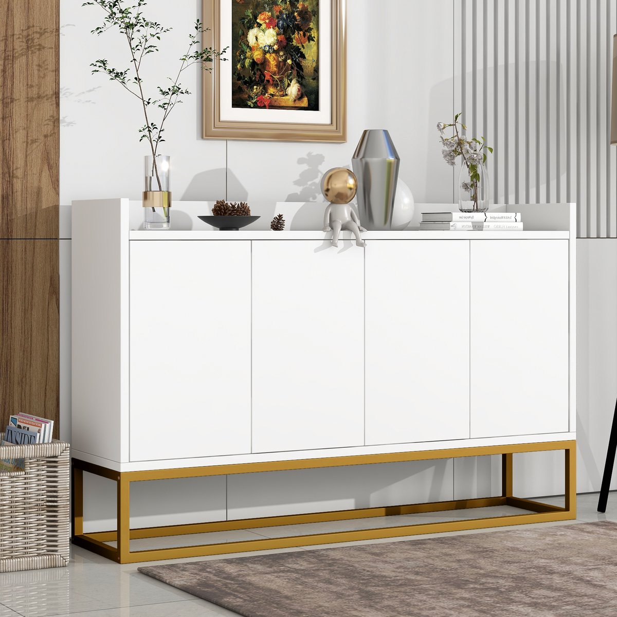 Clruro Dressoir - Minimalistisch en Greeploos - 4 Deuren voor Woonkamer - Wit